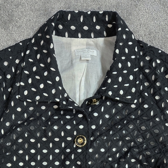 Charter Club 100% Cotton Black White Eyelet Cutout Lightweight Button-Up Jacket - Picture 4 of 8